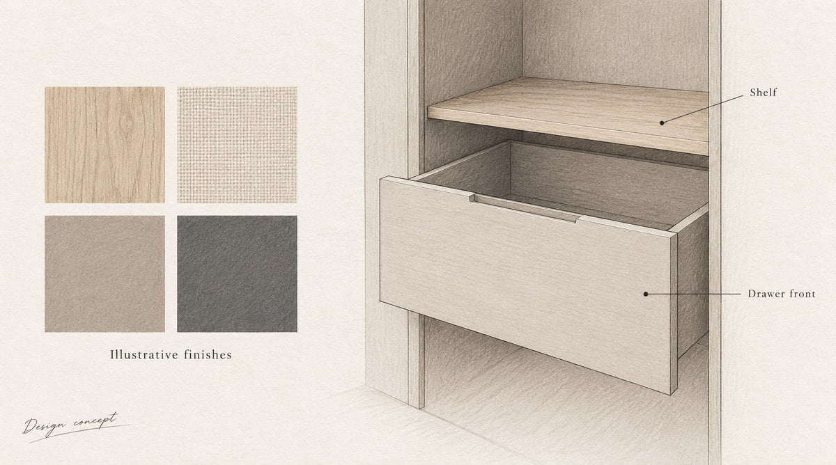 Design concept: pencil cabinetry detail study identifying a shelf and drawer front, with illustrative finishes.
