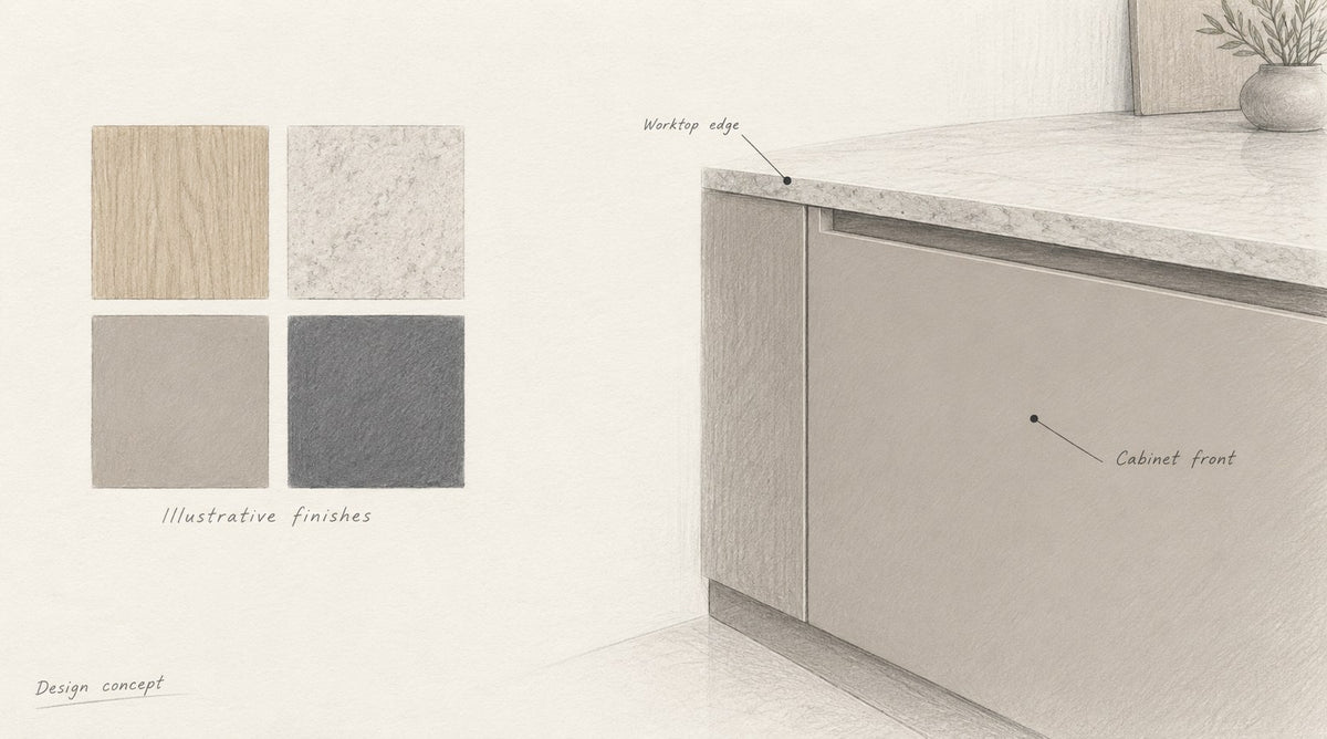 Design concept: pencil cabinetry detail study identifying the worktop edge and cabinet front, with illustrative finishes.