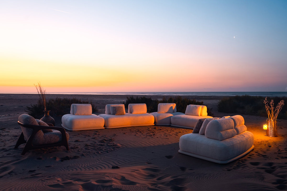 Cairn Living Set — L-shape four-seat sofa and companion sofa, shown in white bouclé
