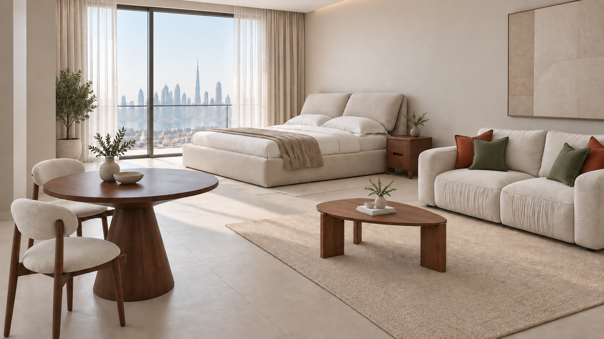 A Liv studio: bed, sofa and dining, composed together