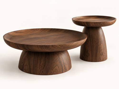 Butte table set in walnut — low table and companion table, three-quarter view
