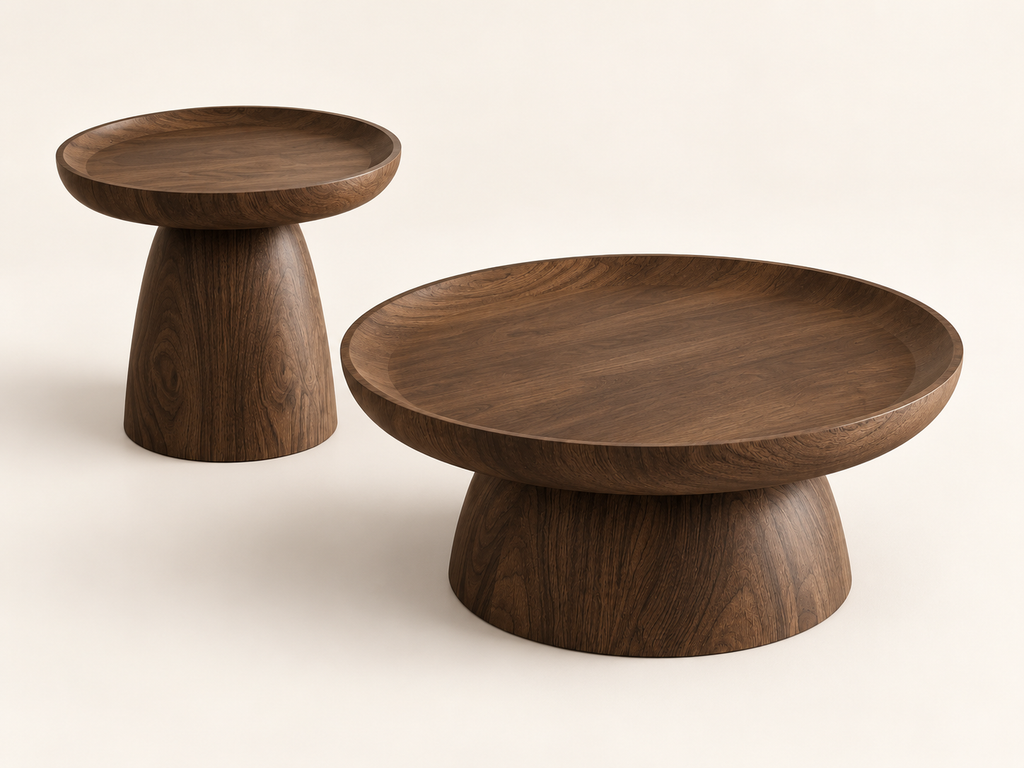 Butte table set in walnut — low table and companion table, opposite three-quarter view