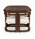 Garth dining set in walnut — 100 cm square table with four stools tucked underneath