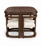Garth dining set in walnut — 100 cm square table with four stools tucked underneath