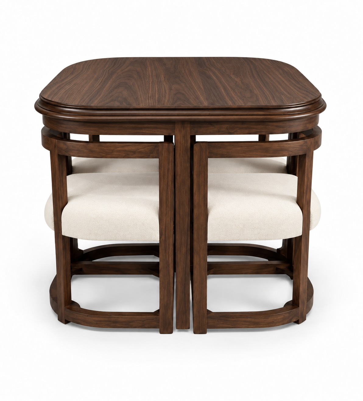 Garth dining set in walnut — 100 cm square table with four stools tucked underneath