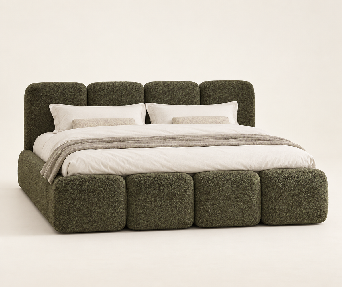 Heath bed in Moss, upholstered headboard of four rounded blocks