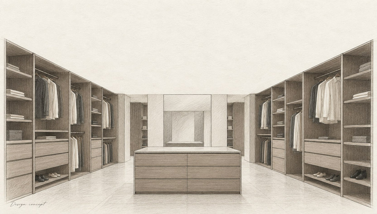 Design concept: architectural pencil drawing of a modern walk-in dressing room with open storage and a central island.