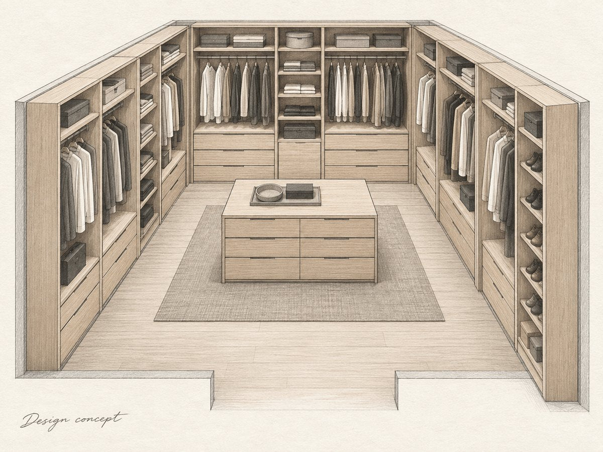Design concept: pencil study of a dedicated dressing room with an island.