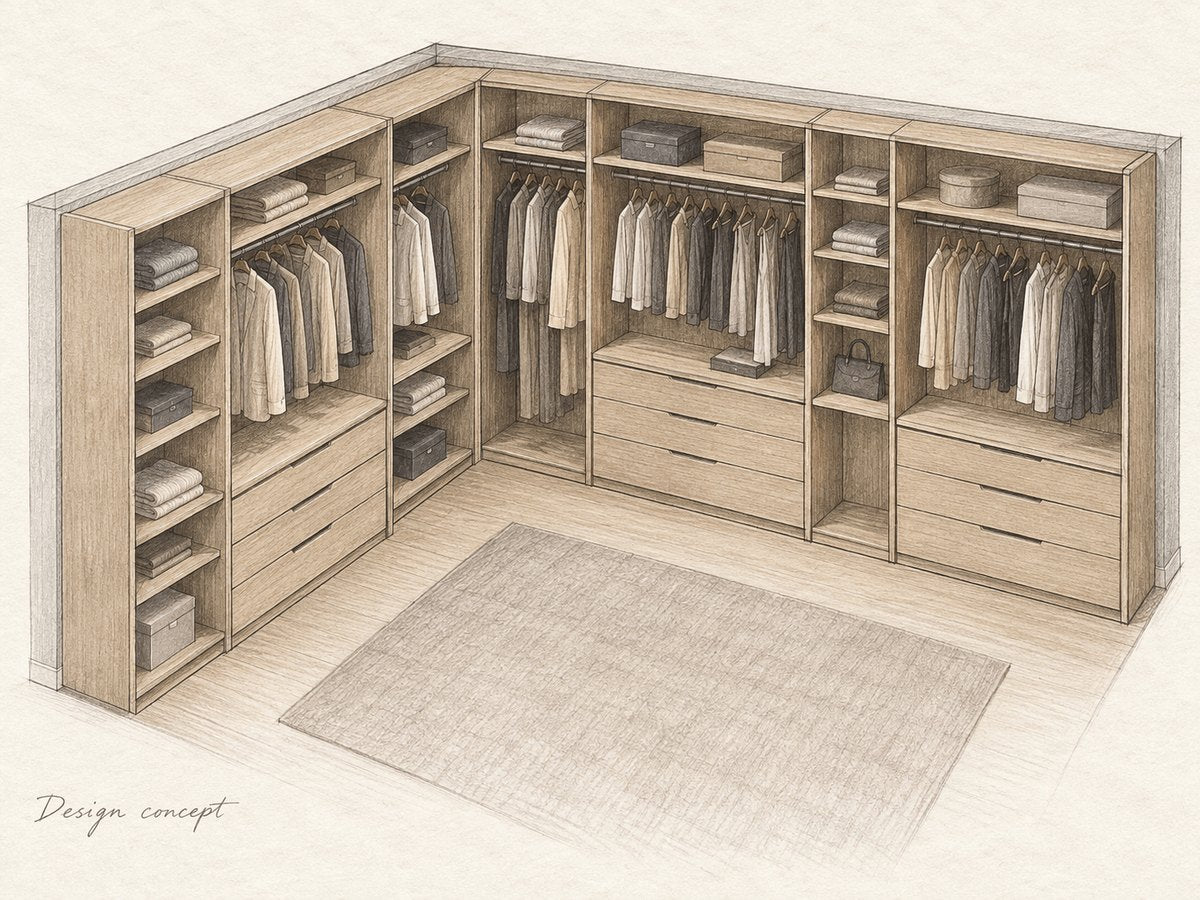 Design concept: pencil study of an L-shaped dressing arrangement.