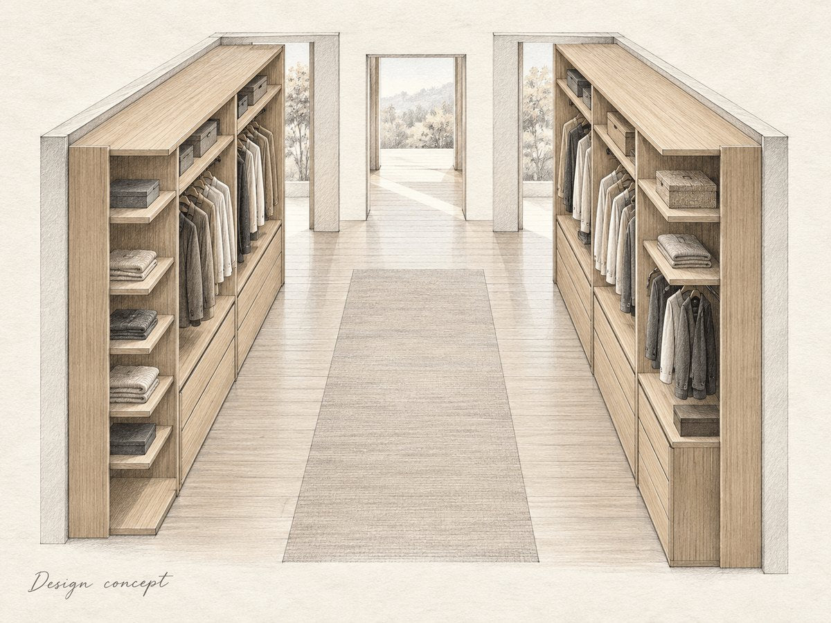 Design concept: pencil study of a walk-through dressing area.