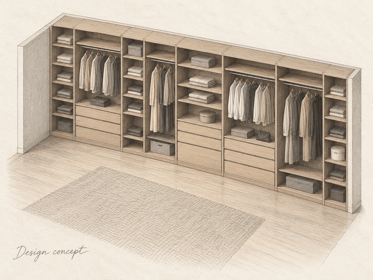 Design concept: pencil study of a fitted wardrobe wall.