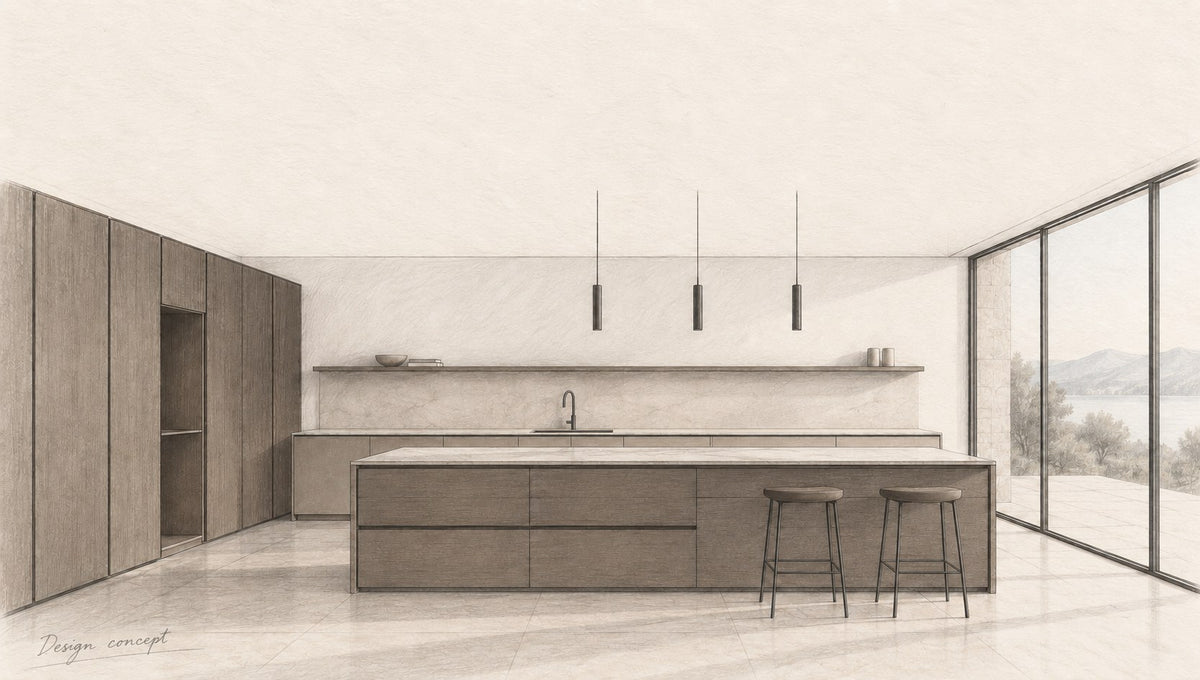 Design concept: architectural pencil drawing of a modern kitchen with flat-front cabinetry and an island.