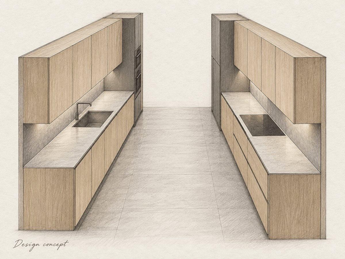 Design concept: pencil study of a galley kitchen layout.