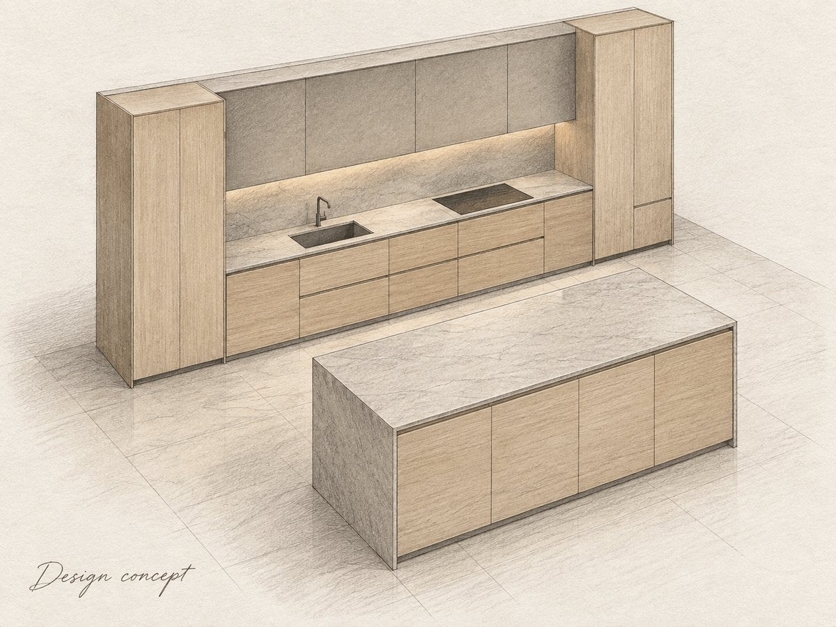 Design concept: pencil study of a kitchen layout with an island.