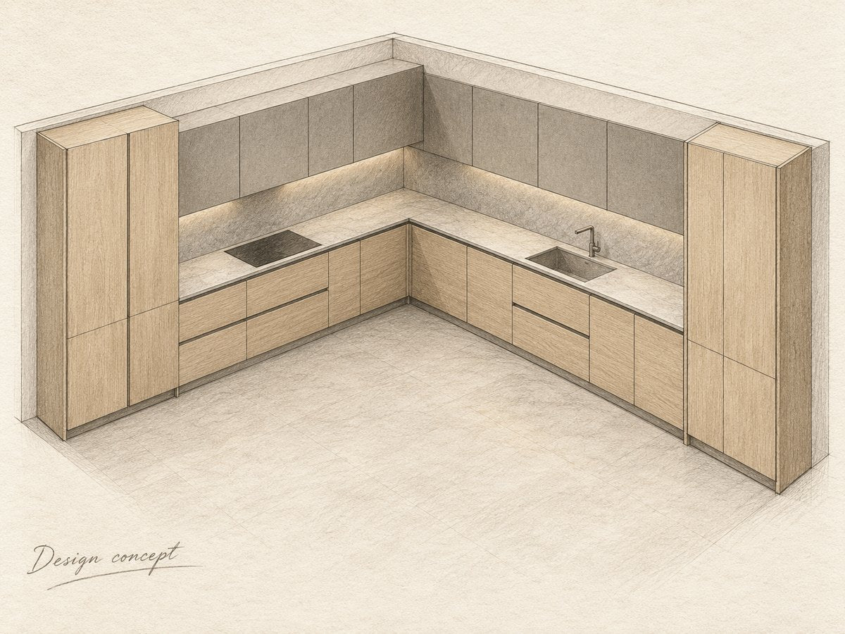 Design concept: pencil study of an L-shaped kitchen layout.
