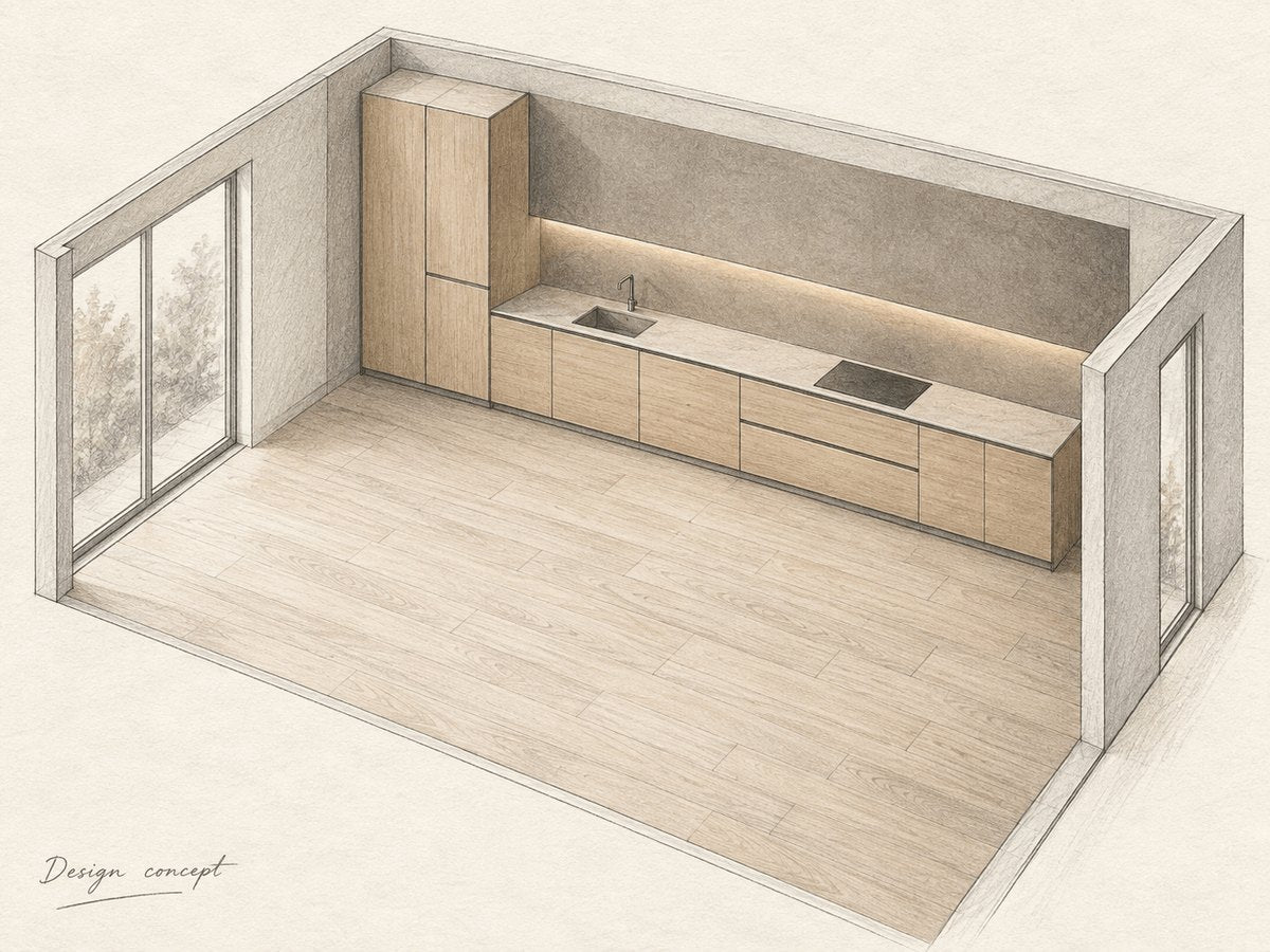 Design concept: pencil study of a single-wall kitchen layout.