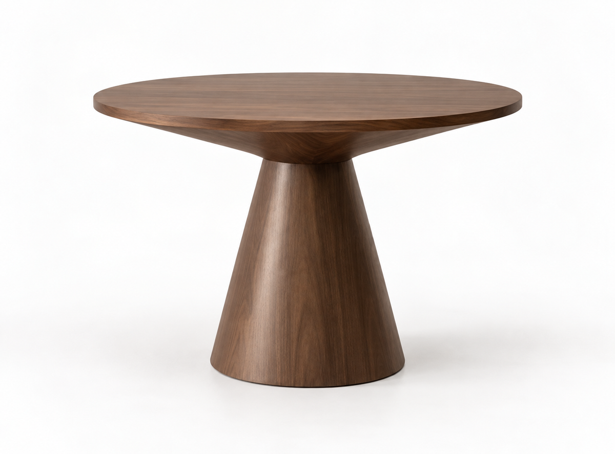 Tarn dining table in walnut — 120 cm round top on a conical pedestal